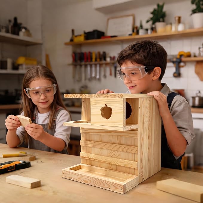 Extra Large Wooden Squirrel House Feeder Outdoor Heavy Duty Nesting Box | Solid pine 16lbs wildlife shelter with internal feeding platform. Flips open; features a predator guard & ladders.