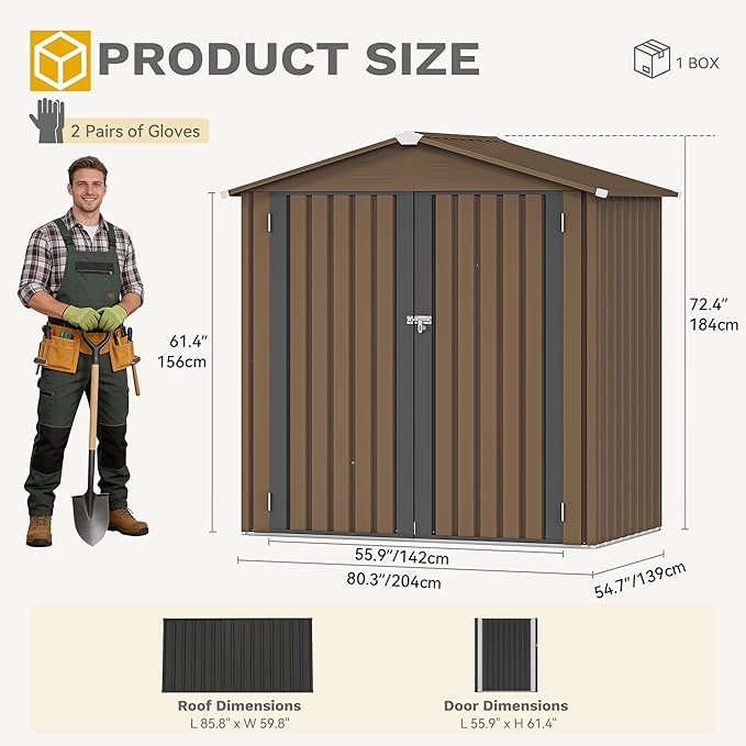 DWVO 6x4ft Small Tool Storage Shed, Lockable Doors, and Sloped Roof, Oversized Steel Outdoor Storage Shed for Garden, Patio, Garage, Backyard, Lawn - Brown