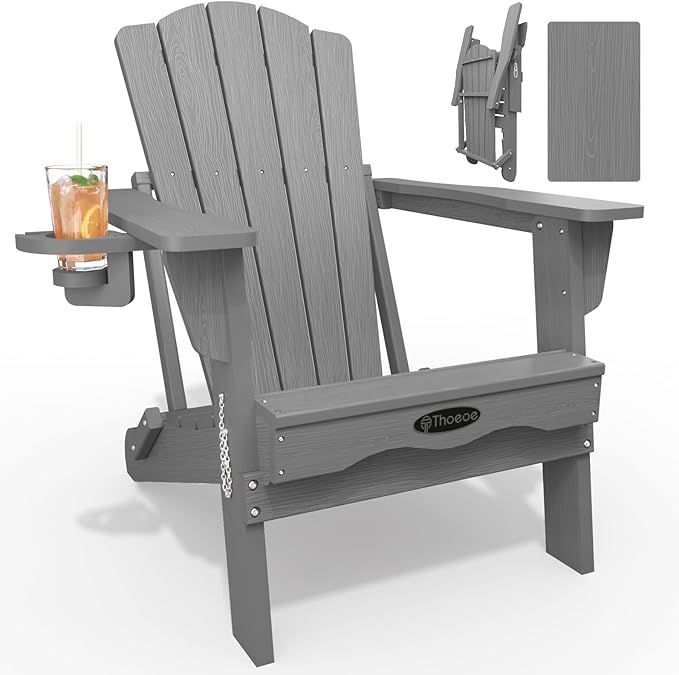 THOEOE Folding Adirondack Chair,HDPE All-Weather Outdoor Chair with Cup Holder,Wooden Textured,Fire Pit Chair,Plastic Patio Chair for Deck,Backyard,Garden,Lawn, Grey