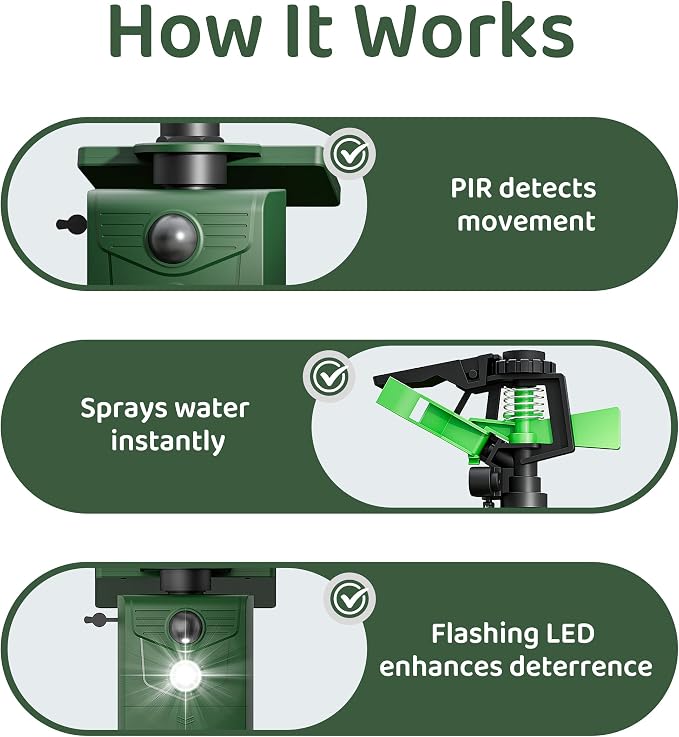 Animal Repellent Motion-Activated Water Sprinkler, Solar Powered Outdoor Animal Deterrent with Flashing Light, IP65 Waterproof for Deer, Cats, Dogs, Raccoons, Garden & Lawn Protection