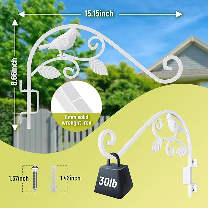 Outdoor Plant Hangers, 2 Pack 15.15 inch Swivel Plant Hooks for Wall Sturdy Wrought Iron Plant Hangers Outdoor, Hanging Plant Bracket Heavy Duty for Bird Feeders, Planters, Lanterns, Wind Chime,White