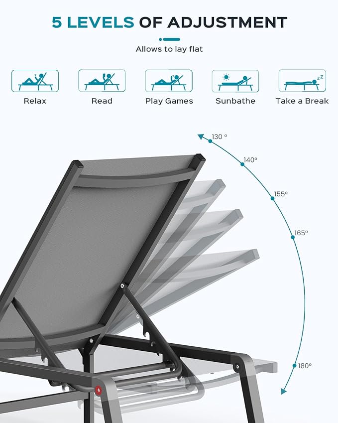 Ciokea Patio Chaise Lounge Chair, Foldable Lounge Chair for Outside, Aluminum Chairs Set of 2 with 5 Adjustable Backrest, Outdoor Pool Lounger for Poolside, Lawn, Deck, Grey