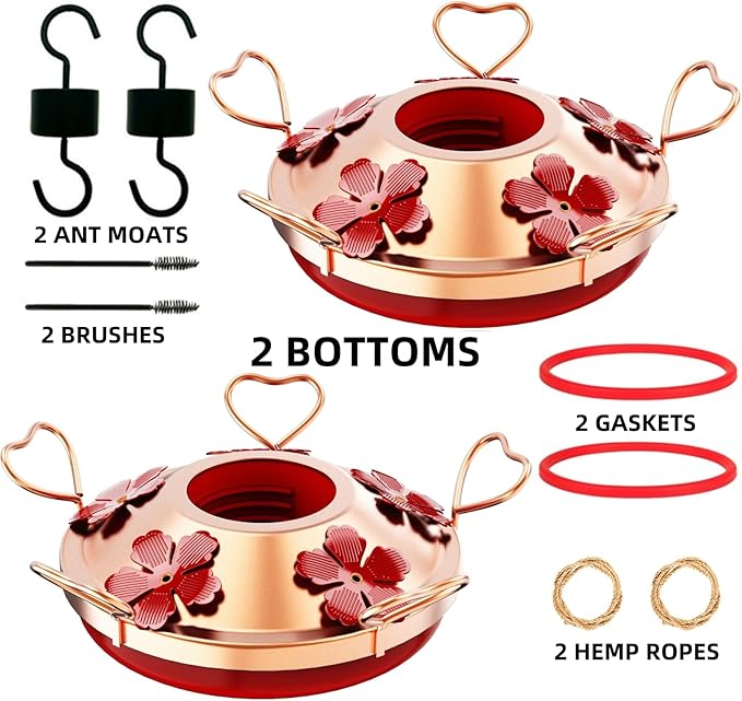 2 Pack Hummingbird Feeder Base Replacement Part Accessories Set - Includes 2 Pcs Bottom Base, Moat Hooks, Seal Rings, Brushes and Hanging Ropes (2, Cooper)