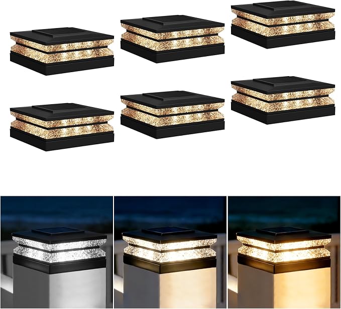 Solar Post Cap Lights, 6 Pack Deck Fence Cap Light for 4x4 5x5 Wood/Vinyl Posts, 3 Color Modes, LED Deck Post Lights Solar Powered Waterproof, for Patio Porch Garden Decoration, Black