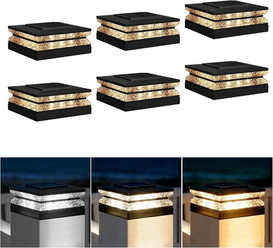 Solar Post Cap Lights, 6 Pack Deck Fence Cap Light for 4x4 5x5 Wood/Vinyl Posts, 3 Color Modes, LED Deck Post Lights Solar Powered Waterproof, for Patio Porch Garden Decoration, Black