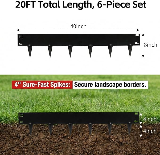 20FT Black Landscape Edging Galvanized Steel (6-Pack) 40" x 8" Flower Bed for Garden Borders with Gloves &Tools, Thickness 1.8mm Metal Edging for Garden Design, Yard, Tree Rings, Pathway