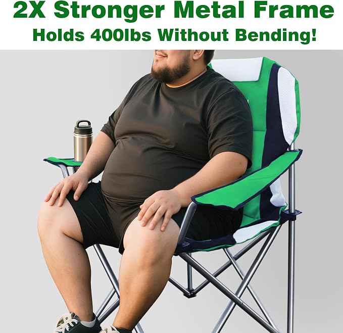 Camabel Folding Camping Chairs Hold Up 400lbs Extra Large Outdoor Lawn Chair Padded Sports Chair Lightweight Chairs for Beach Hiking Fishing BBQ Spectator with Storage Bag and Cup Holder Green
