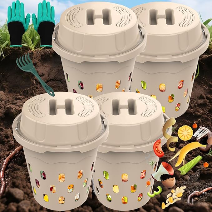 4-Pack Inground Worm Composter, 8L Outdoor Worm Farm, Worm Compost Bin for Garden Beds & Home Use, Vermicomposting Bin for Recycling Food Waste (9.5x9.5x10.8Inch), Beige