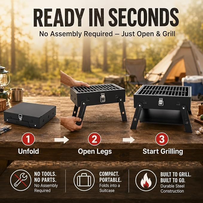 Small Portable BBQ Charcoal Grill: Mini Foldable Table Top Barbecue Grills for Outdoor Cooking, Camping, Beach, Travel, Tailgates, Fathers Day Birthday Grilling Gift for Men Dad Husband
