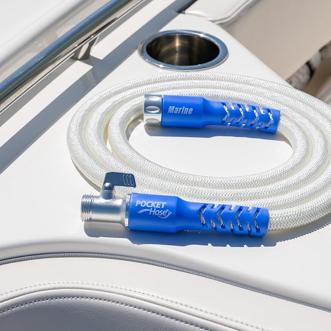Pocket Hose 100 ft Expandable Garden Hose for Marine & RV Use – Drinking Water Safe & Lead-Free, 3/4” Lightweight No-Kink Hose with On/Off Valve, 10-Pattern Sprayer & Storage Bag