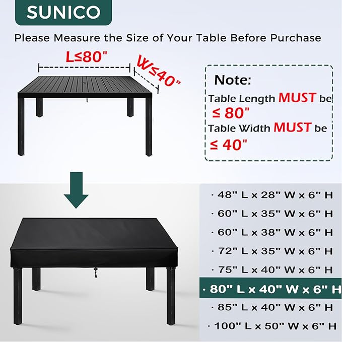 SUNICO Outdoor Table Cover rectangular (80" L x 40" W x 6" H), Patio Table Cover rectangle for Patio Table & Dining Table & Picnic Table.Windproof, Waterproof, Stain-Resistant, Durable Table Cover