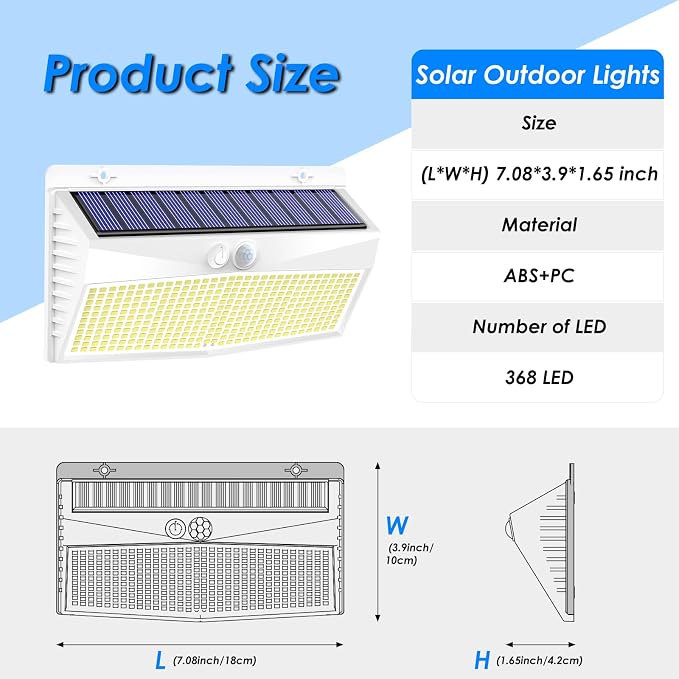 2 Pack 368 LED Solar Motion Sensor Lights Outdoor, Solar Fence Lights with 3 Lighting Modes, Solar Powered Security Lights Waterproof for Outside Yard Wall Garden Backyard Step Garage, White