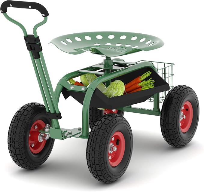 Garden Scooter Rolling Work Seat – 360° Swivel Garden Cart with Wheels, Tool Tray & Steering Handle – Heavy Duty Outdoor Stool for Planting, Weeding & Yard Work