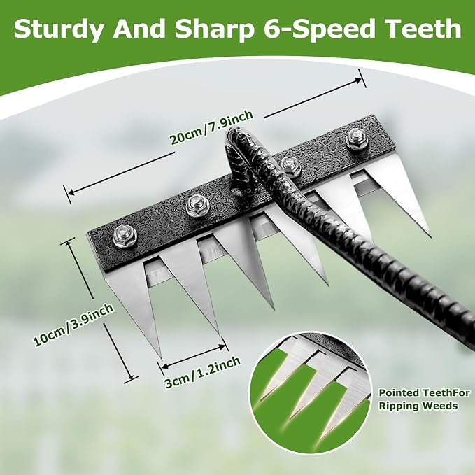 Gardenia Iron Weeding Rake, 2.0 Iron Weeding Rake with Long Handle, 6 Teeth Heavy Duty Weed Puller Tools for Gardening, Weedings ,Lawn
