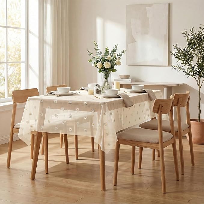 Horaldaily Champagne Embroidery Daisy Spring Summer Gauze Tablecloth 60×120 Inch Rectangular, Seasonal Tulle Table Cover, Garden Party Decorations for Wedding, Party, Holiday Dining