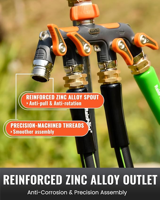 RAINPOINT 4 Way Garden Hose Splitter, 100% Metal Heavy Duty Water Hose Splitter with Individual Shut-Off Valves, 3/4" GHT High Flow Outdoor Faucet Splitter, 1.81" Extra Long Handle (Orange)