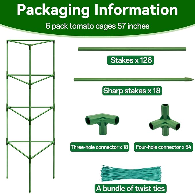 Halatool 6 Pack Heavy Duty Tomato Cages, 57 Inch Tall Metal Plant Supports Stakes for Outdoor Garden, Adjustable Foldable Steel Trellis for Climbing Plants Cucumbers Peppers Flowers Vegetables Fruits