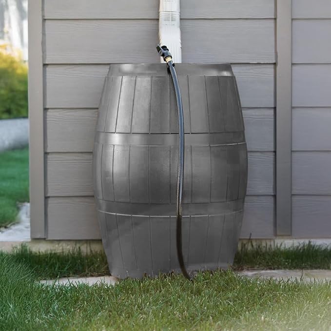 FCMP Outdoor Raincatcher 4000, Flat-Back Rain Water Barrel, 50-Gallon, Gray - Rainwater Collection Storage Container w/Side Spigots, Mesh Screen, Garden and Overflow Hose & Linking Kit