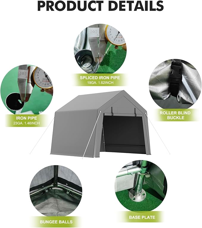 6'x6' Portable Storage Shed for Motorcycle, Waterproof & UV-Resistant Outdoor Carport Shelter with 2 Roll-Up Zipper Doors, Heavy Duty Storage Tent for Bike, Lawn Mower, Garden Equipment
