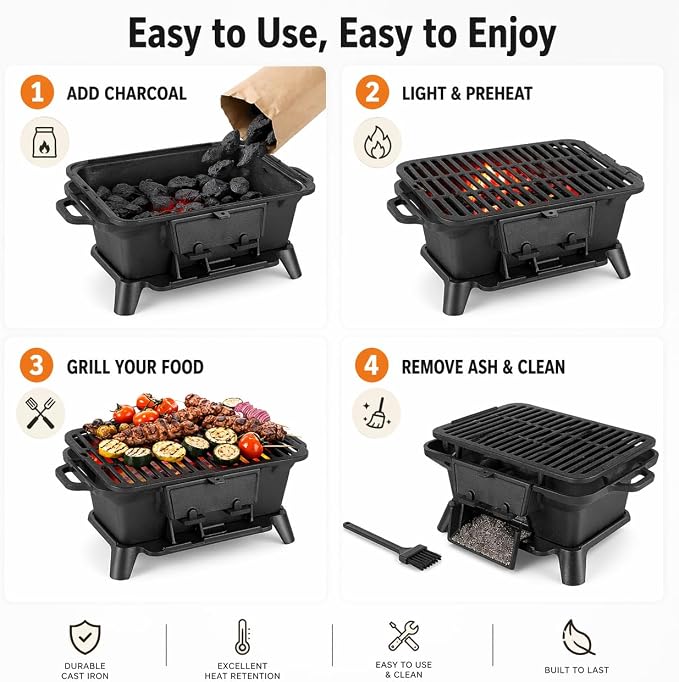Hibachi Grill Outdoor, Portable Mini Charcoal Grill, Pre-Seasoned Cast Iron, Small Japanese Yakitori Tabletop Skillet Grill Stove for Outdoor Camping