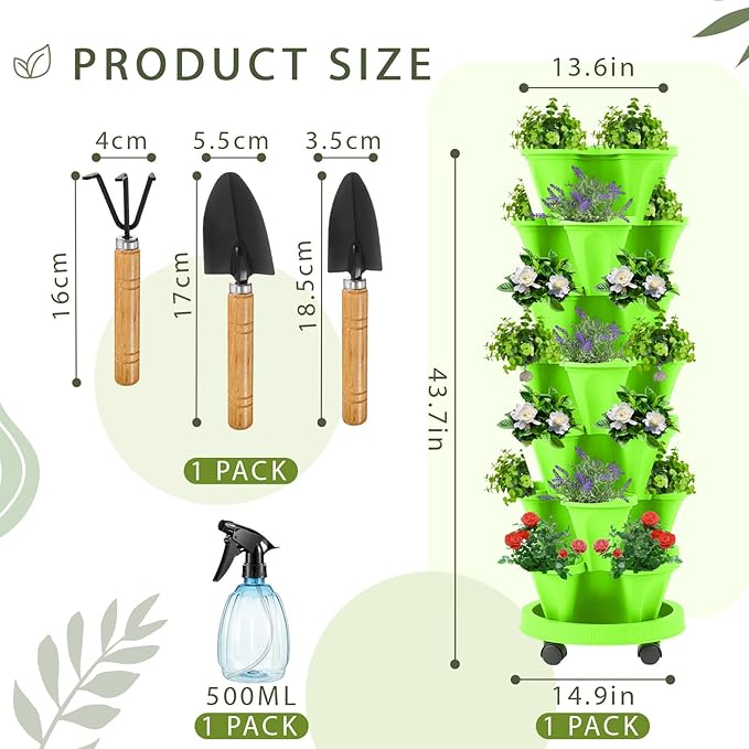 Umigy 1 Set Light Green 7 Tier Vertical Planter Stackable Tower Planters Strawberry Herb Flower and Vegetable Pots Indoor Outdoor Gardening Pots with Removable Wheels and Tools