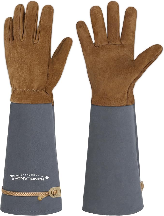 HANDLANDY Long Gardening Gloves for Men & Women, Pigskin Leather Rose Pruning Gloves, Breathable Thorn Proof Gauntlet Glove (Steel Gray, L)