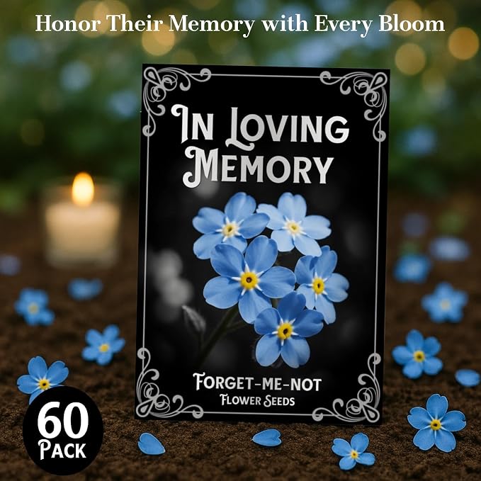 60Pack Forget Me Not Seeds Bulk - Memorial Seed Packets for Funeral Favors, Celebration of Life, Remembrance Gifts - Easy Planting Spring Flower Seeds Outdoor Garden Decor