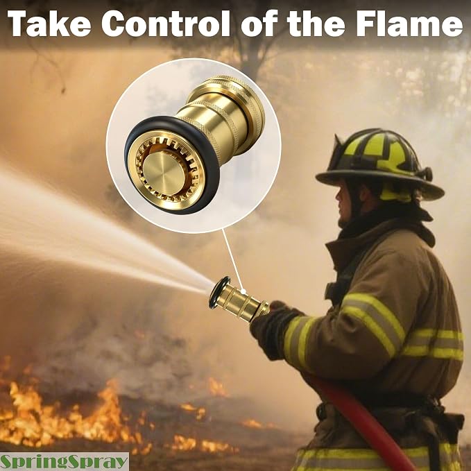 1" NPSH/NPT Brass Fire Hose Nozzle, Heavy Duty Adjustable Spray Jet Fog Nozzle, Constant Flow Industrial Firefighter Nozzle, 36 GPM, 100 PSI