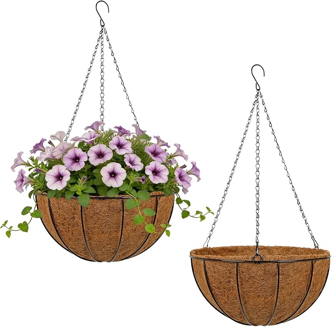 14 Inch Metal Hanging Basket with Coco Coir Liner for Flowers Planting, 2 Pack Hanging Baskets for Plants Outdoor, Round Wire Planters with Chain for Home Patio Porch Balcony Garden Decor