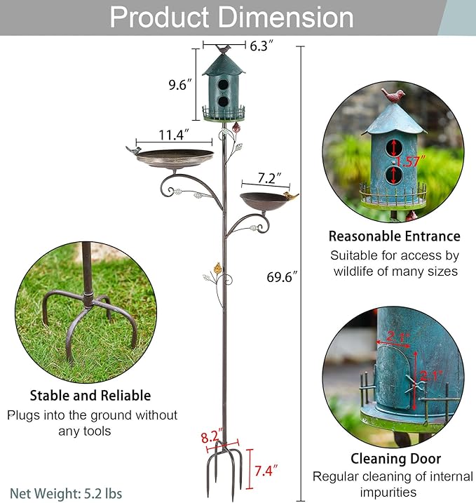 Metal Bird Bath Feeder and Houses for Outdoors, Birdbaths for Outside with 4-Prong Stake, 3 in 1 Free Standing with Blue House on Pole for Garden Patio Yard Lawn