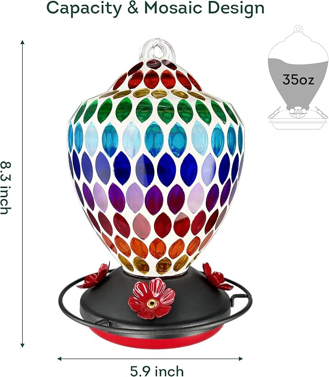 Lily's Home Mosaic Glass Hummingbird Feeder 35oz - Colorful Garden Décor - Easy Refill Wide-Mouth - Includes S Hook & Brush for Bird Lovers - Measures 5.9’’x5.9’’x8.3’’