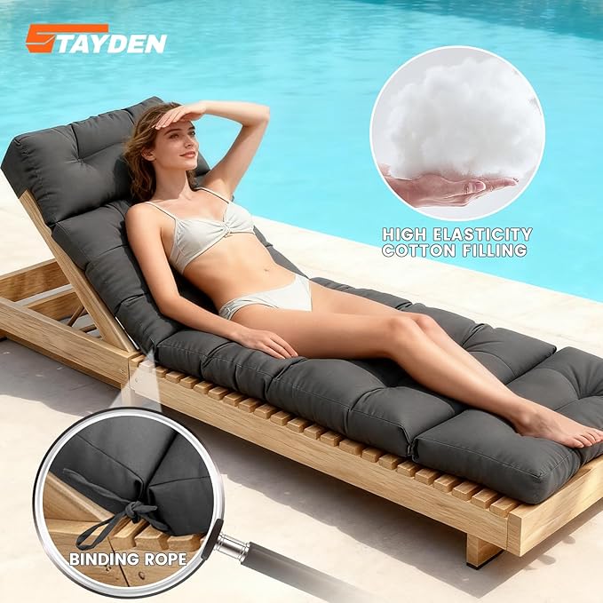 Outdoor Lounge Chair Cushions, Chaise Lounge Chair Cushions Replacement for Patio Furniture with Ties Waterproof Fabric Pool Chasie Cushion 74.4 x 22 x 4.7 Inches (Grey)