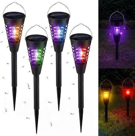 Qualirey 4 Pack Solar Bug Zapper & Mosquito Killer Outdoor Waterproof Cone-Shaped LED Light Mosquito Repellent for Patio, Garden, Yard, Camping - Hanging/Insertion Design (Colored & Purple Light)
