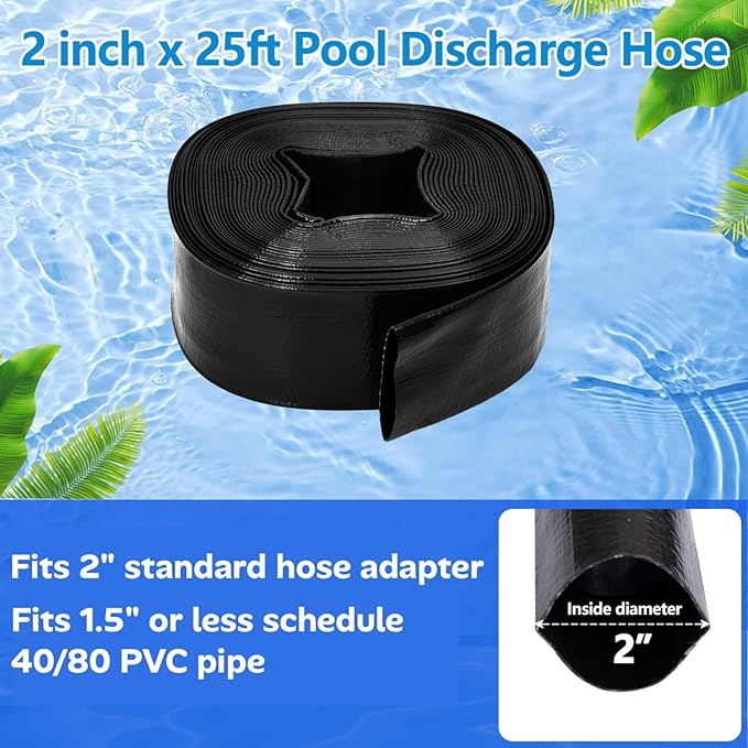 2 inches x 25 FT Heavy-Duty PVC Swimming Pool Backwash Hose 25 feet, Reinforced Discharge Hose with Clamp for Swimming Pools, Black