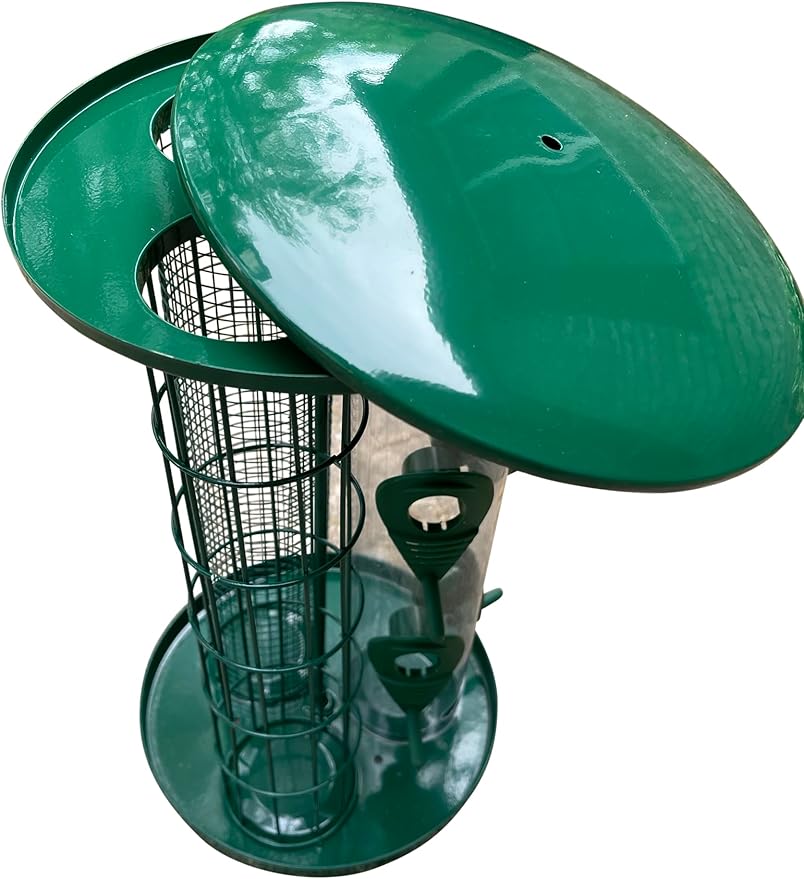 Garden Guru Outdoor Tube Bird Feeder for Small Wild Birds – Premium Coated Steel & Metal Seed Guard - Chew Proof, Weather Resistant – Bird Feeder for Seed Nut Suet Ball - 3-in-1 Triple Bird Feeder