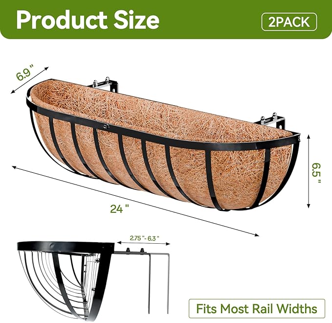 Halatool 24 Inch Heavy-Duty Metal Deck Railing Planter Box, 2 Pack Rust-Resistant Window Boxes Planters with Coco Liner & Adjustable Brackets, Grow More On Your Balcony, Patio & Fence