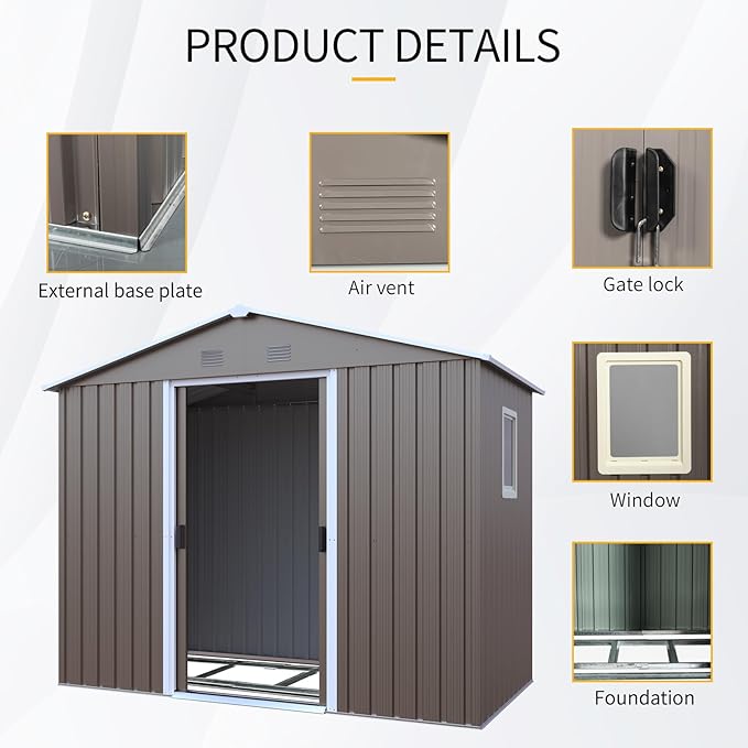 8x4 FT Outdoor Metal Storage Shed with Window, Galvanized Steel Garden Shed, Lockable Sliding Door, Sloped Roof, Ventilated Tool Storage House with Foundation Kit for Backyard Lawn, Gray