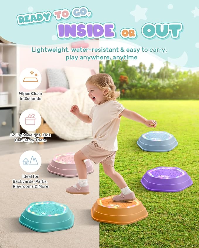 Holyton Musical Light Up Balance Stones for Kids, 5 Pack Sensory Stepping Stones with Rechargeable Batteries, Non-Slip Toddler Balance Toys for Ages 3-8, Indoor Outdoor Active Play, Pink
