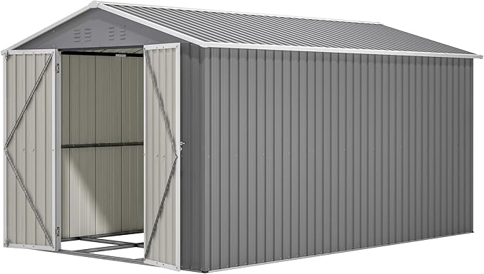 YOPTO 8x12 FT Large Outdoor Storage Shed with Lockable Doors & Floor Base,Weather-Resistant Metal Tool Shed for Garden, Backyard,Patio,Lawn,Gray