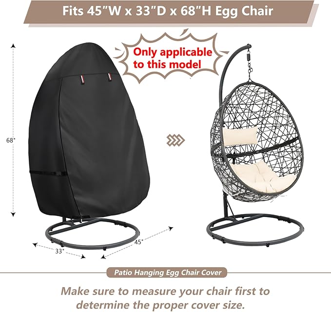 okcool Patio Hanging Egg Chair Cover, Waterproof Heavy Duty Outdoor Single Seat Swing Egg Chair with Stand Cover(Black,45″W x 33″D x 68″H)