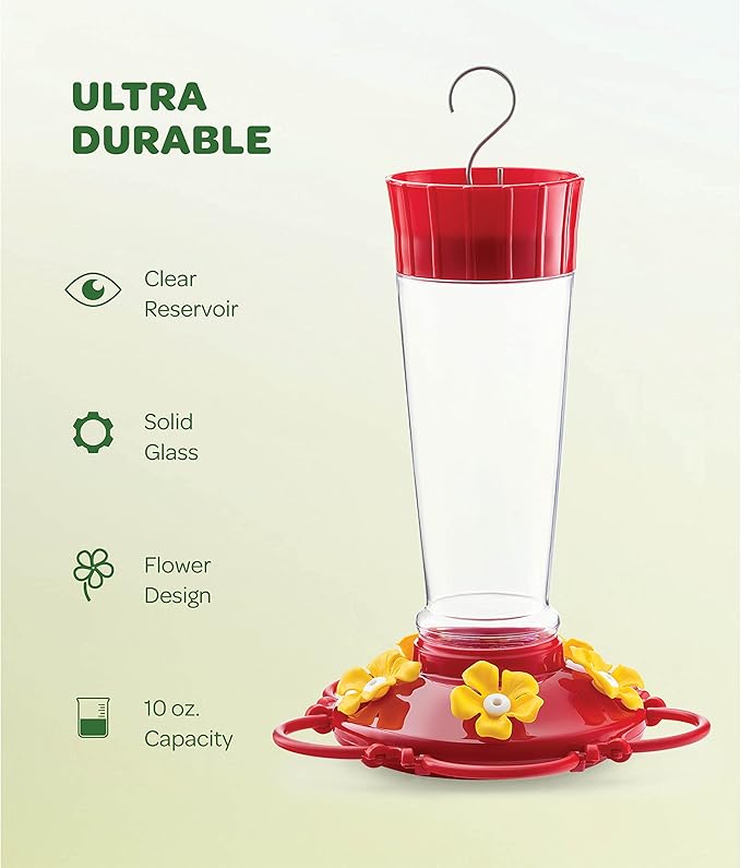 Hummingbird Feeder 10 oz. Plastic Hummingbird Feeders for Outdoors, with Built-in Ant Guard - Circular Perch with 5 Feeding Ports - Wide Mouth for Easy Filling/2 Part Base for Easy Cleaning
