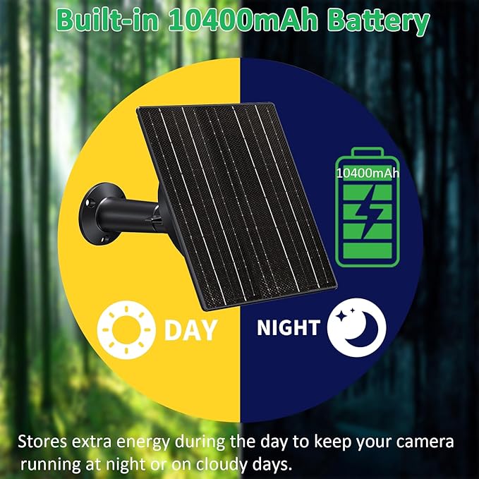 FUTUREZEN Solar Panel for Trail Camera, 10W Solar Battery Charger with 10400mAh Battery, 5V/12V Adjustable Output, USB-C & DC Plugs, IP66 Waterproof, 360° Adjustable Mount, 9.8ft Cable