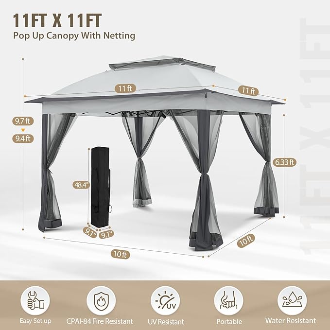 COOS BAY Pop up Gazebo 11x11, Instant Canopy Tent with Mesh Netting, Patio Gazebo with 121 Square Feet of Shade, 4 Weight Bags Included, Gray