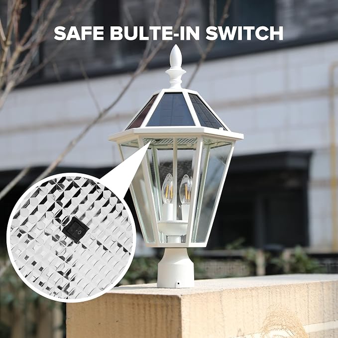 LUTEC LED Post Solar Light Outdoor,Dusk to Dawn Vintage Street Lights, 300LM, 2700K,Cast Aluminum Solar Pole Lights for Garden Pathway Yard Exterior - White (Base Not Included)