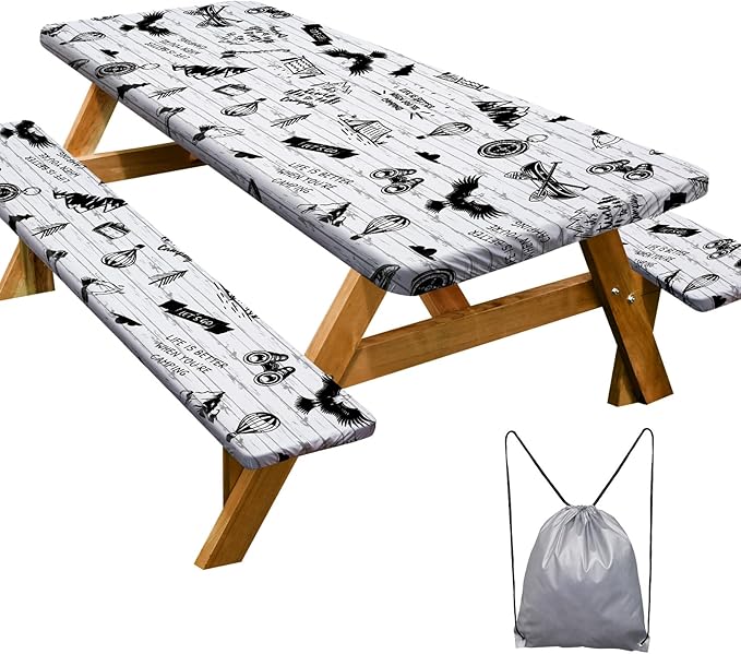 Picnic Table Cover with Bench Covers Camping Essentials Waterproof Windproof Camping Tablecloth with Drawstring Bag, Fitted Rectangle Tables and Seats, 96in, White