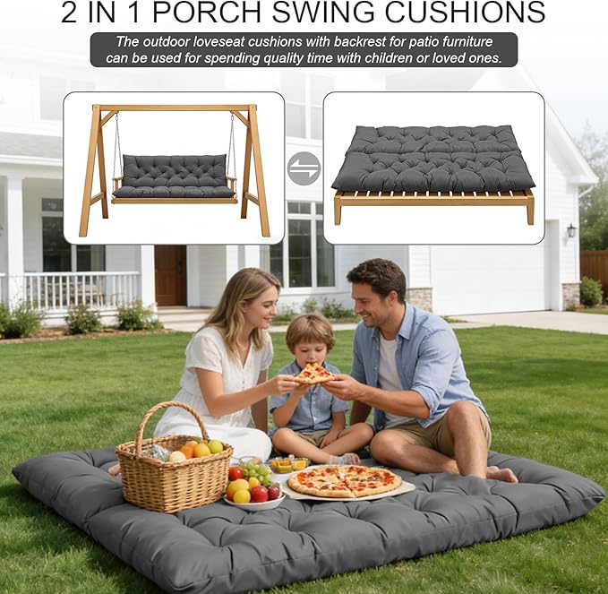 Porch Swing Cushions, Outdoor Swing Replacement Cushions 3 Seater with Backrest, Waterproof Bench Cushion with Ties,for Patio,Porch, Garden,Backyard