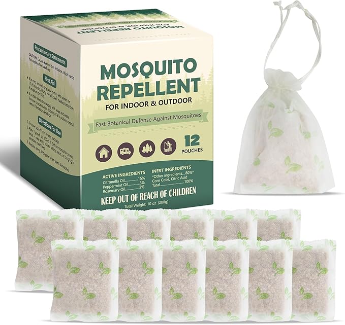 12 Pcs Mosquito Repellent for Patio, Plant-Based Mosquito Repellent Pouches, Mosquito Control Indoor Outdoor, Pet-Friendly Mosquito Deterrent for Home Patio Camping Fishing
