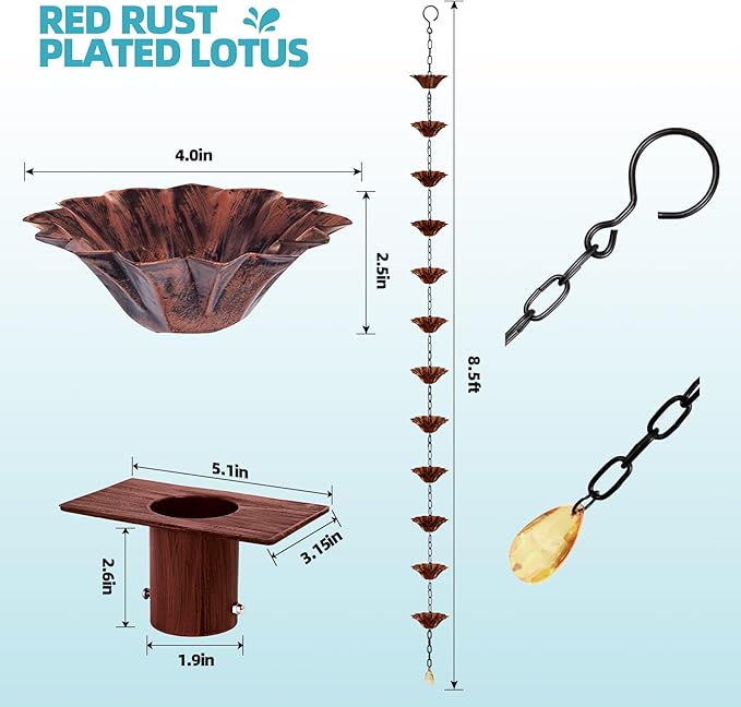 Rifachua 12 Cups Lotus Rain Chain for Gutters Downspouts Outside 8.5ft, Red Plated Lotus Rain Chain Cups, Functional and Decorative Replacement for Gutter Downspouts