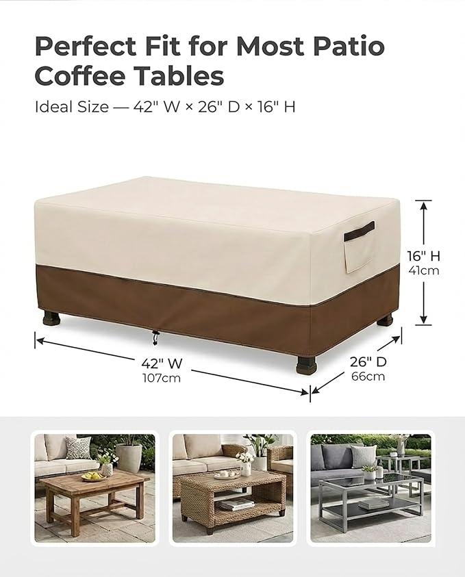 Waterproof Patio Coffee Table Cover, 600D Heavy Duty Outdoor Furniture Covers, Weather & UV Resistant, Windproof with Buckles, Rectangular Table Cover for Backyard Patio 42 x 26 x 16 in, Beige & Brown