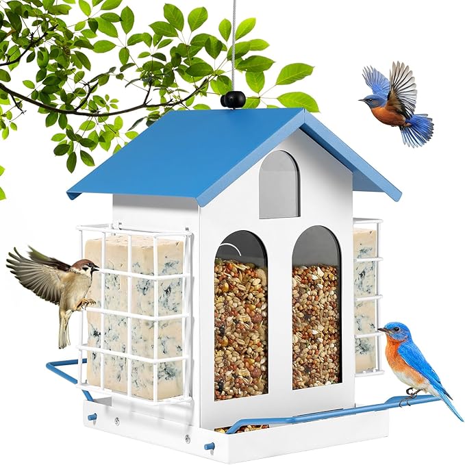 Bird Feeder for Outdoor Hanging, Heavy-Duty Metal Bird Feeder, Waterproof Metal Roof, Double-Layer Suet Cage, Large-Capacity Hanging Bird Feeder